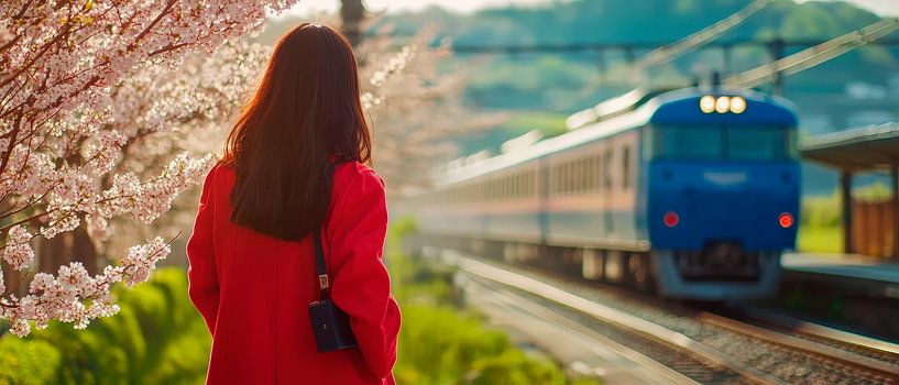 Une femme attend un train sur le quai par Poster Art Shop