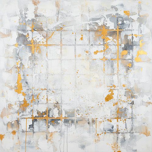 Original Abstract painting in rough textures in white, grey and gold