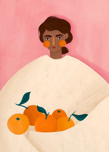 Minimalist Woman Portrait with Fresh Oranges Illustration