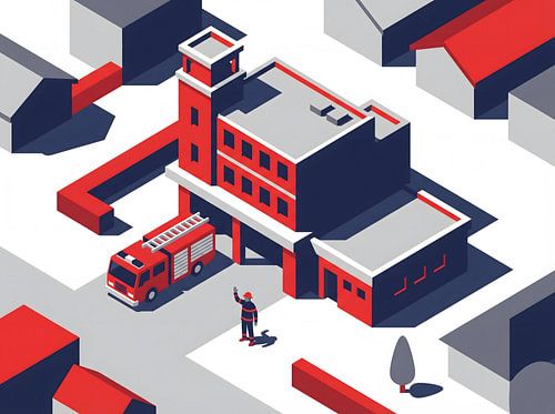 Isometrische afbeelding van een brandweerkazerne met brandweerwagen en brandweerman