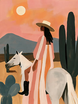 Une cow-girl sur un cheval blanc au milieu des cactus au coucher du soleil