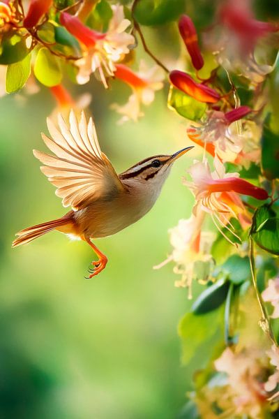 Hummingbird floats to flowers by Poster Art Shop