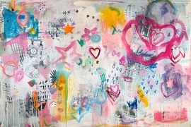Abstract oil painting, pink, stars, hearts, circles -  by Joriali Abstract
