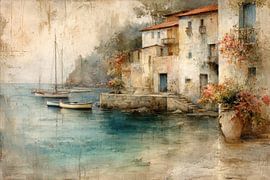 Mediterranean Harbour Town with Boats in Soft Turquoise Water by Peter Pen Drawings and Paintings