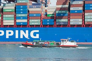 Der internationale Hafen von Rotterdam mit großen Containerschiffen und einem Schlepper