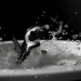 Cheerful penguin in the bath - an enchanting bathroom picture for your WC by Poster Art Shop