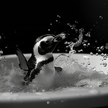 Cheerful penguin in the bath - an enchanting bathroom picture for your WC by Felix Brönnimann