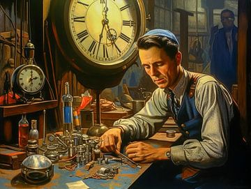 Man met een horloge in de werkplaats van een horlogemaker in de jaren 1920 van Animaflora PicsStock