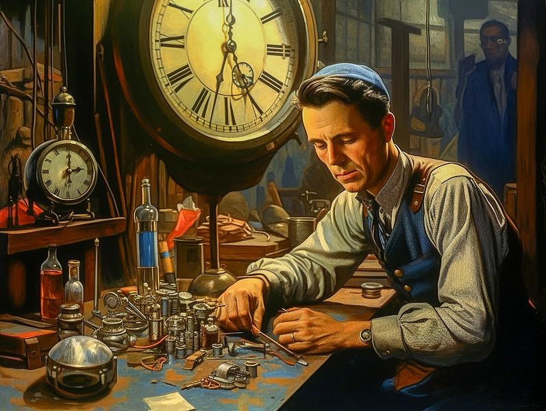 Homme avec une montre dans les années 1920 dans l'atelier d'horlogerie par Animaflora PicsStock