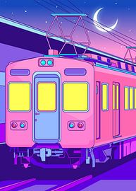 Japanese train at night, aesthetic vaporwave by Alip Santaii