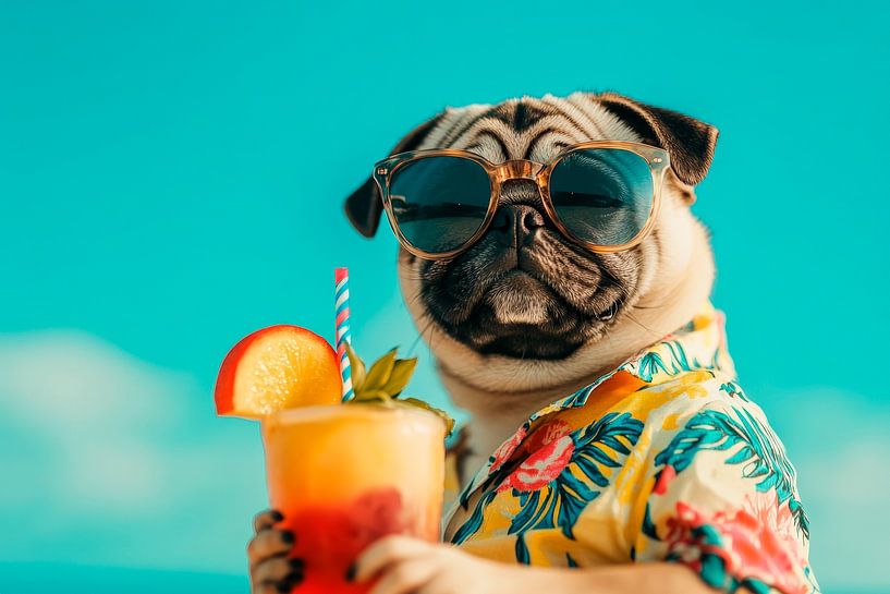 Pug with sunglasses at the beach cocktail by Poster Art Shop