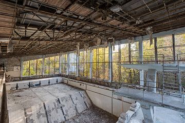 Duikbad in het zwembad van de spookstad Prypyat bij Tsjernobyl van Robert Ruidl