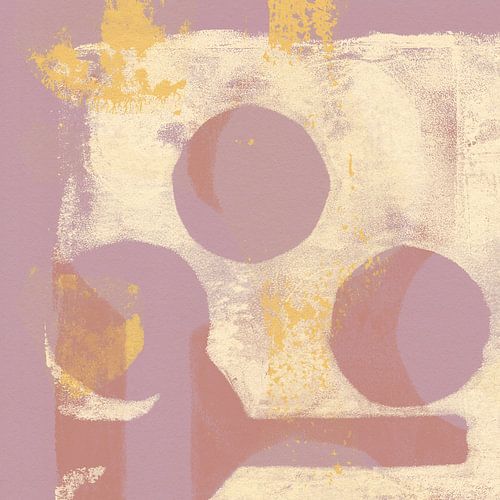 Abstracte vormen in lila, wit en geel.