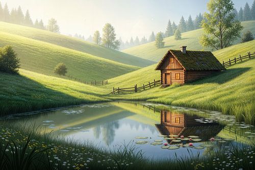 Blokhut aan vijver met weerspiegeling en glooiende heuvels