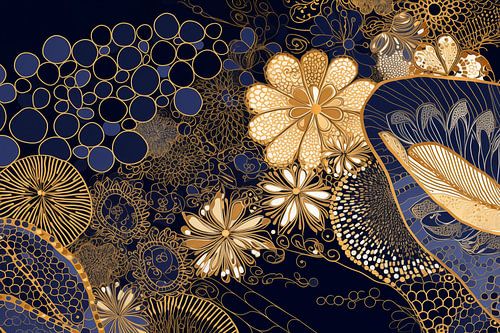 Golden Flowers and Circles on Dark Blue Background
