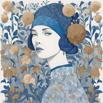 Sanne Botanisch lijnkunst portret in marine blauw en goud van Anouk Maria