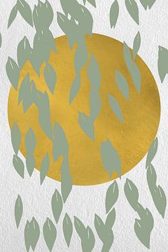 Japandi. Abstract botanical leaves in pastel sage green with golden sun on white by Dina Dankers