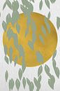 Japandi. Abstract botanical leaves in pastel sage green with golden sun on white by Dina Dankers thumbnail