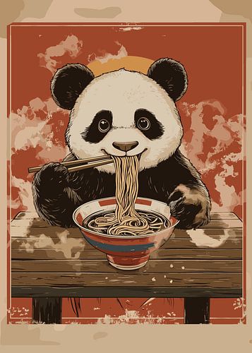 Panda geniet van ramen met stokjes aan tafel
