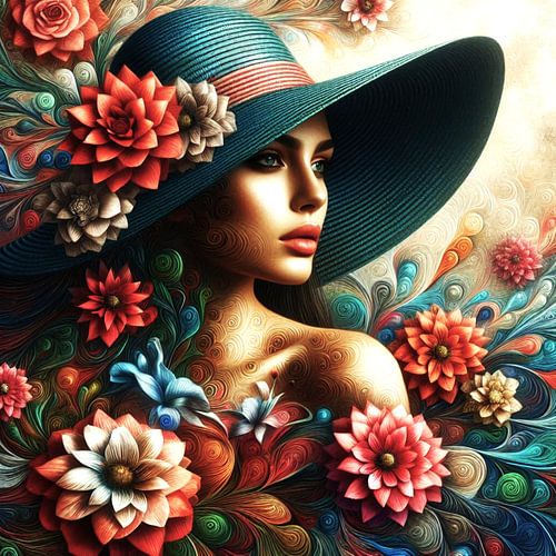 Portret van een vrouw met een hoed en bloemen