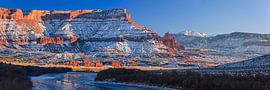Panoramic winter sunset, Fisher Towers, Moab, Utah