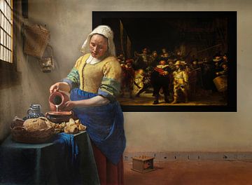 Het Melkmeisje met Rembrandt en zonnestralen van Digital Art Studio