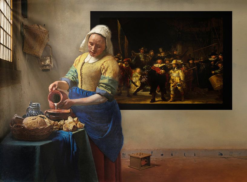 Het Melkmeisje met Rembrandt en zonnestralen van Digital Art Studio