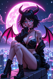 Dark Fantasy Anime Cyberpunk Wall Art: LUNAVYXA – Sexy Anime Devil Girl Sits on Top of the Cyberpunk by INFERAURUM - Dark Fantasy Wall Art
