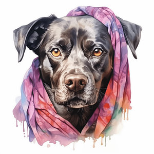 Porträt eins Hundes in Wasserfarbe gemalt mit Buntem Kopftuch auf weißen Hintergrund