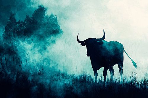 Stier silhouet in mystieke natuur