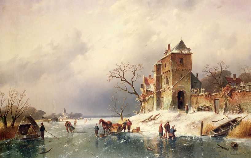 Charles-Henri-Joseph Leickert,Bevroren winterscène van finemasterpiece