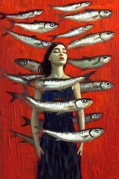 Woman among sardines