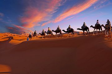 Kamelen karavaan door de Sahara woestijn bij zonsondergang van Eye on You