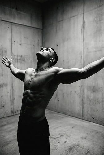 Man with Arms Outstretched in Concrete Room, Black and White