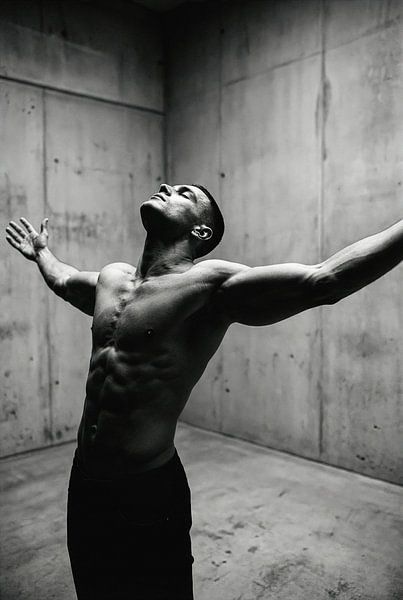 Man with Arms Outstretched in Concrete Room, Black and White by Markus Gann