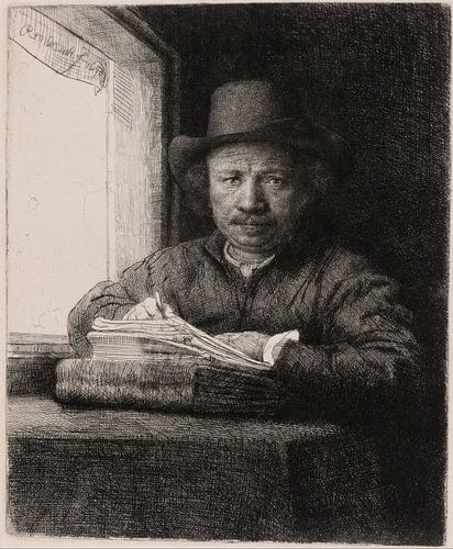Zelfportret tekenend, via het raam, Rembrandt van Rijn