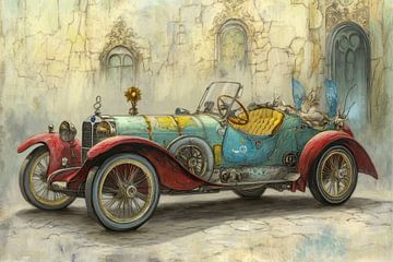 Drawing of a red, vintage car, convertible- 