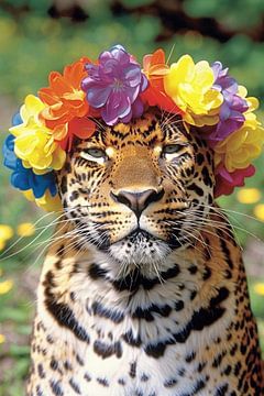 Colourful Leopard with Flower Wreath Portrait by Art & Soul Creations