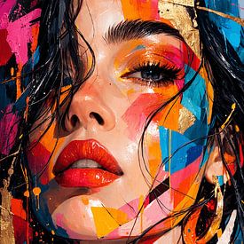 Portrait pop art abstrait et vibrant Chromatic Muse avec accents dorés sur Dodik Hariyono