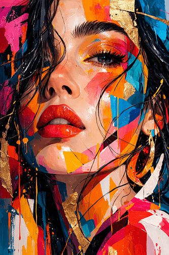Chromatic Muse Levendig abstract popartportret met gouden accenten