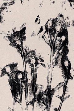 Bloemen in retro stijl. Moderne botanische minimalistische kunst in zwart op beige papieren achtergr van Dina Dankers