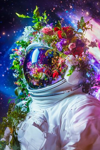 Astronaut met bloemenkrans in de ruimte