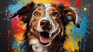 Gemälde eines Hundegesichts mit bunten Farbspritzern