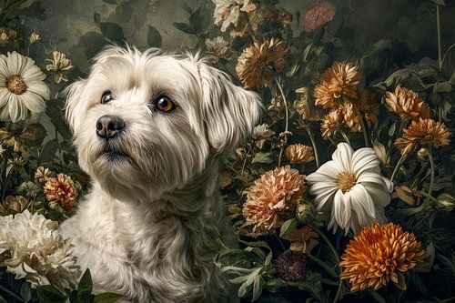 Maltezer met oranje en witte bloemen