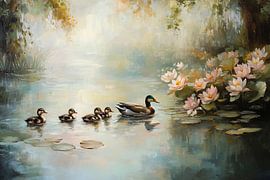 Eendenfamilie bij waterlelies van Imperial Art House