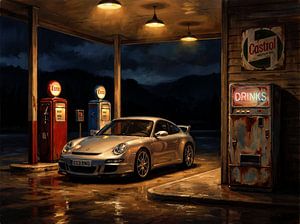 Nostalgischer Abend an einer Retro-Tankstelle mit Porsche 911