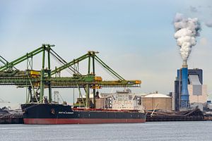Großes mit Kohle gefülltes Massengutschiff beim Entladen seiner Ladung