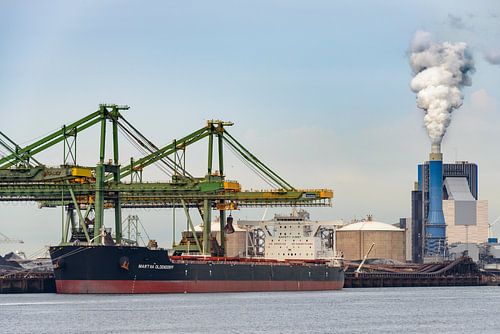 Bulk vrachtschip gevuld met kolen in de haven van Rotterdam