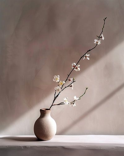 Eenvoud en stilte een bloesemtak in keramieken vaas