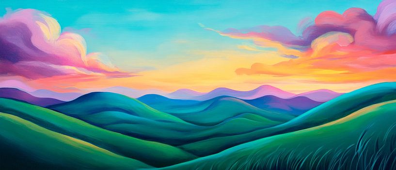 Fantasievolle Hügellandschaft bei Dämmerung von Poster Art Shop